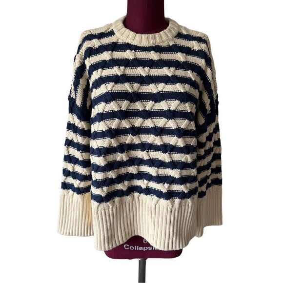 NWT Madewell Cable Knit Oversized Sweater in Stripe size Small Cream Navy Crewne - Picture 7 of 13